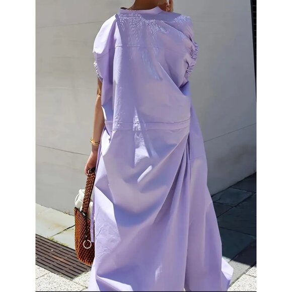 4XL Ruched Sleeve Lavender Button-Down Casual Dress - Picture 2 of 3
